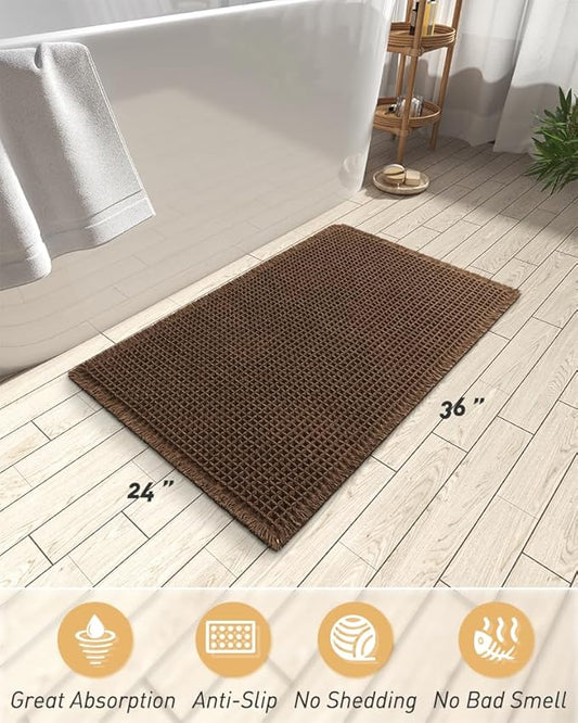 AMOAMI Upgraded Waffle Bath Mat, Super Absorbent Non Slip Bath Mats for Bathroom Floor, Machine Washable Bathroom Rugs with Tassels, Rubber Backed Bathroom Mats, Ultra Soft, 24" x 36",Terracotta