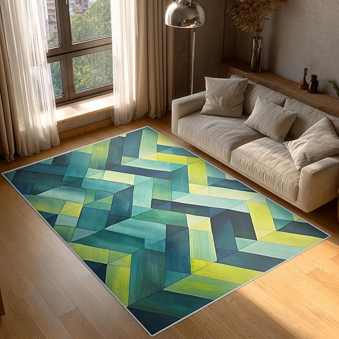 6x9 Geometric Zigzag Rugs for Bedroom Decor, Washable Green Chevron Pattern Area Rug, Living Room Home Decoration, Non Slip Soft Thin, Modern Abstract Geometry Decor Carpet PF-P 49