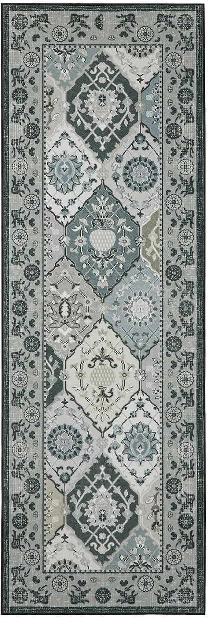 Phantoscope Washable Runner Rug 2'x6' Non-Slip, Vintage Boho Hallway Rugs for Entryway, Stair, Bedroom, Distressed Moroccan Mosaic Diamond Pattern, Low-Pile Foldable Floor Carpet, Grey Charcoal