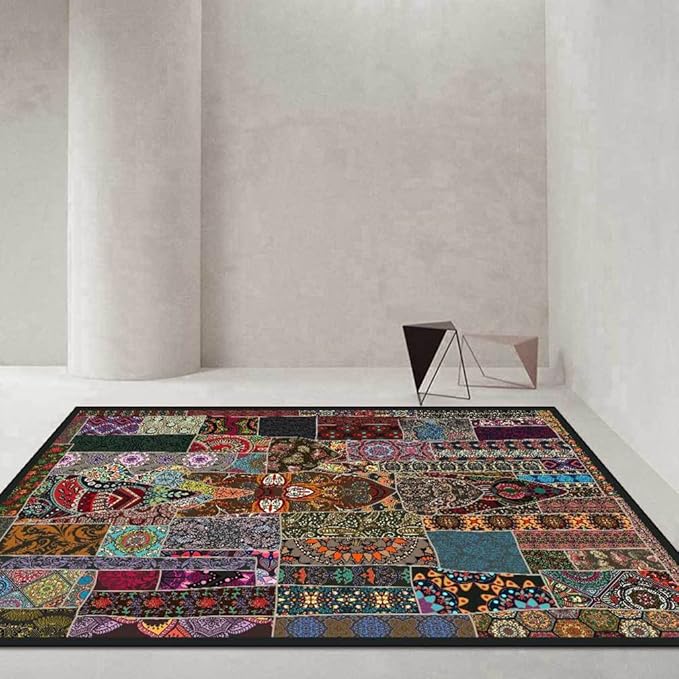 Vintage Boho Area Rugs Multicolor Ethnic Style Geometric Splicing Carpets Bedroom Living Room Kitchen Floor Mats Indoor Outdoor Non-Shedding Runner Rug Home Décor Carpet 2' X 6'