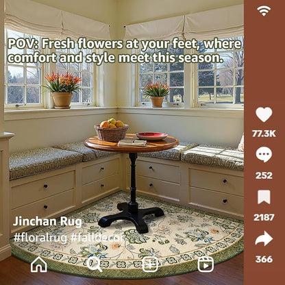 jinchan Elora Floral Corner Rug for Living Room Washable Bedroom Rug Vintage Romance Design Non Slip Quarter Circle Lightweight Low-Pile Throw Carpet for Reading Nook Playroom,7ft Radius, Green/Beige