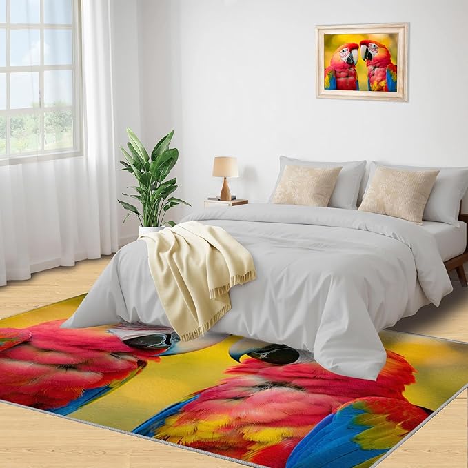 Parrot Rugs for Bedroom - 3x4 Area Rug - Cute Parrot Rugs for Living Room, Colorful 3D Animal Rug, Non-Slip Washable Home Decor Carpet