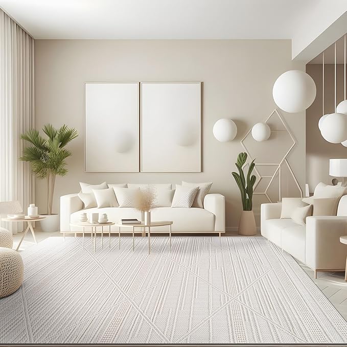 CAMILSON Micro Loop Rug 8x10 Modern Luxury Geometric Pattern Area Rugs Soft High and Low Pile Stain Resistant Easy-Cleaning Non-Shedding for Living Room Office Indoor Carpet (8 x 10 / White)