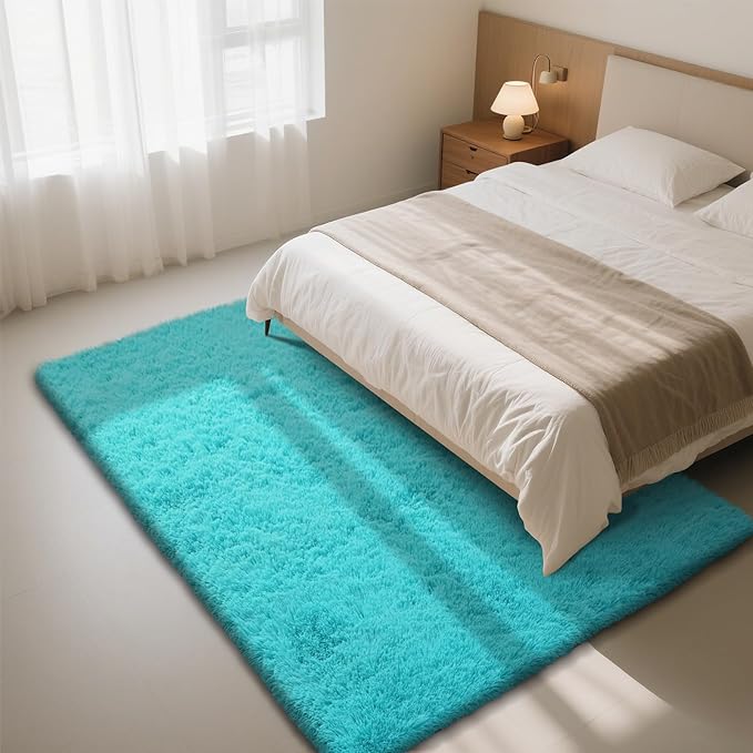 Teal Blue Rug Fluffy Rug, 9x12 Teal Area Rugs for Living Room, Soft Cute Baby Play Mat, Teal Rugs for Bedroom, Nursery, Preppy Dorm, Plush Aesthetic