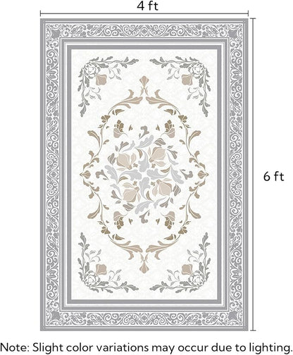 SOULFUL Medium Pile 4x6 Rugs for Living Room - Cozy Soft Underfoot Area Rug - Light Taupe Boho Floral - Washable Non-Slip - Perfect for Bedroom Kids Room Under Dining Table Office