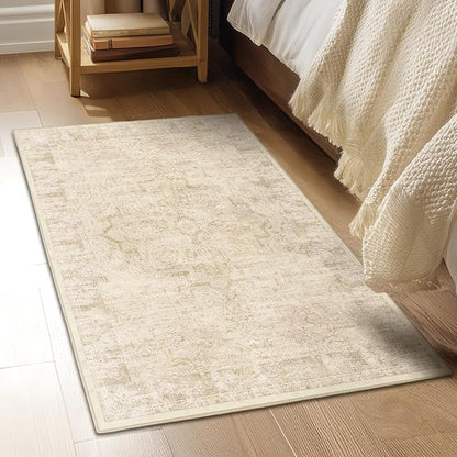 Natural Beige Distressed 3x5 Area Rugs for Entryway Foyer, Washable Non Slip Low Pile Throw Rugs for Kitchen, Farmhouse Medallion Pinted Carpet for Bedroom/Bathroom/Closet/Dorm/Home Office