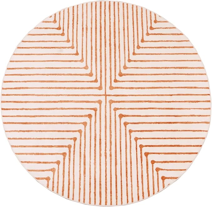 GLN Rugs Contemporary Collection - Machine Washable Area Rug, Contemporary Washable, Non Slip, Low Pile Chenille Rug, Living Room, Bedroom, Kitchen Rug (5'3" Round Orange Beige)