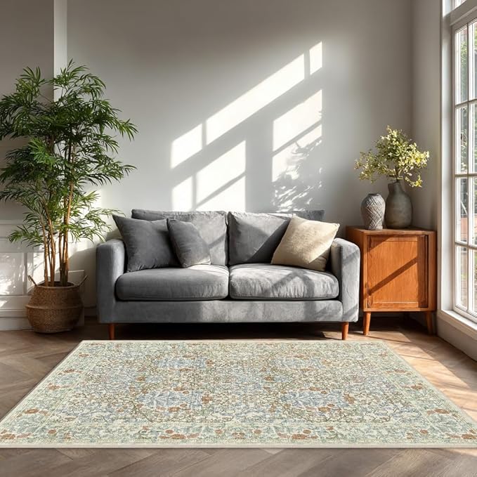 4x6 Area Rug for Bedroom Beside Rug, Laundry Room, Entryway, Kitchen, Washable Non-Slip Low Pile Ultra Soft Stain Resistant Carpet (Beige Blue)