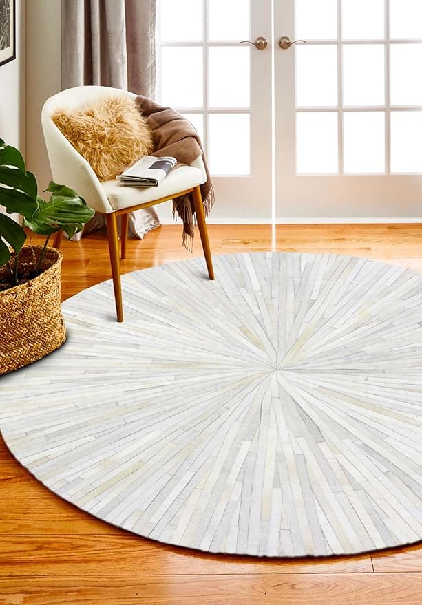 Faux Cowhide Round Area Rug | Non-Slip Leather Floor Carpet for Living Room, Bedroom, and Home Décor | Modern Stylish Accent Rug(White_9x9)
