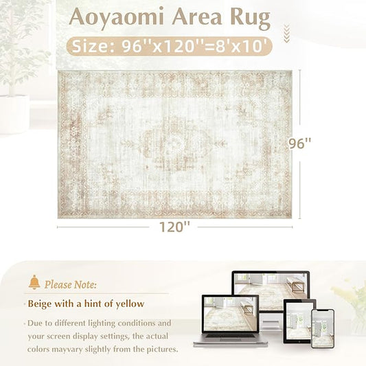 Vintage Living Room Area Rug - 8x10 Large Machine Washable Boho Moroccan Distressed Farmhouse Rugs for Bedroom - Soft Non-Slip Indoor Floor Accent Rugs for Office Dining Room (Beige, 8'x10')