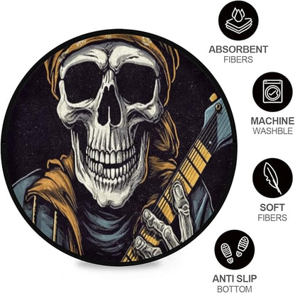 Washable Non-Slip Round Rug with Grinning Skull Electric Bass Design Perfect for Indoor & Outdoor Decor, Living Room, Bedroom, Dorm Room, and Office.