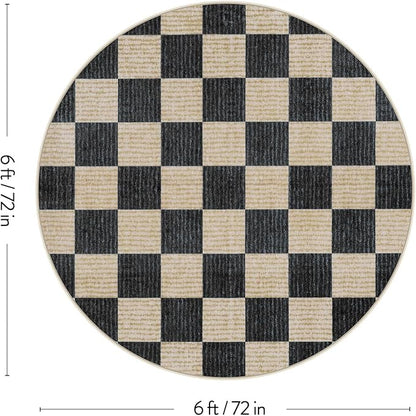 LIVEBOX Checkered Round Rug 6 Ft Washable Area Rug for Playroom, Kids Non-Slip Neutral Classic Circle Rug Geometric Large Carpet Soft Boys Rug for Classroom Dorm Bedroom(Black,180R)