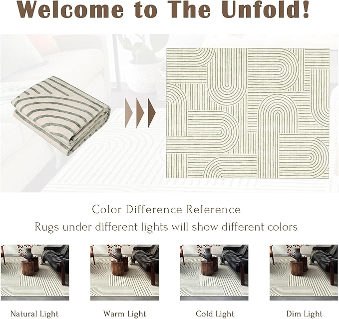Washable Area Rug 8x10 - Large Sage Green Boho Rugs for Living Room Soft Abstract Bedroom Rug Ultra-Thin Modern Rainbow Carpet Rug for Dining Room Nursery Room Home Decor