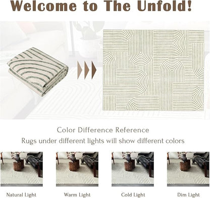 Washable Area Rug 8x10 - Large Sage Green Boho Rugs for Living Room Soft Abstract Bedroom Rug Ultra-Thin Modern Rainbow Carpet Rug for Dining Room Nursery Room Home Decor