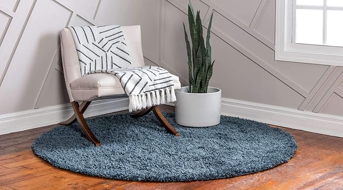 Unique Loom Davos Shag Collection Area Rug - Solid (6' 7" Round, Marine Blue)