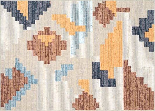 Phantoscope Washable Area Rug 5'x7' Non-Slip, Modern Neutral Boho Rugs for Living Room, Bedroom, Dining Room, Abstract Geometric Blocks Pattern, Low-Pile Foldable Floor Carpet, Warm Terracotta/Cream