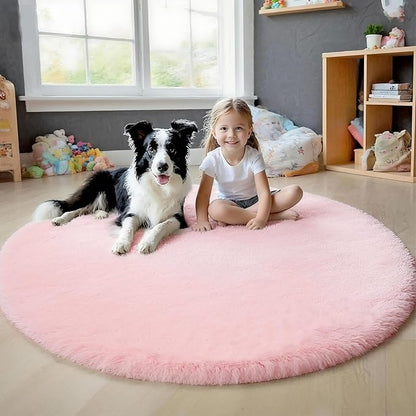 4x4 Round Solid Fluffy Pink Area Rug – Washable, Durable, Circle Bedroom Rug, Non-Slip High Pile Shag Rugs for Living Room, Bedside, Dorms, Grils Rooms, Kids Room, Soft Indoor Floor Carpet