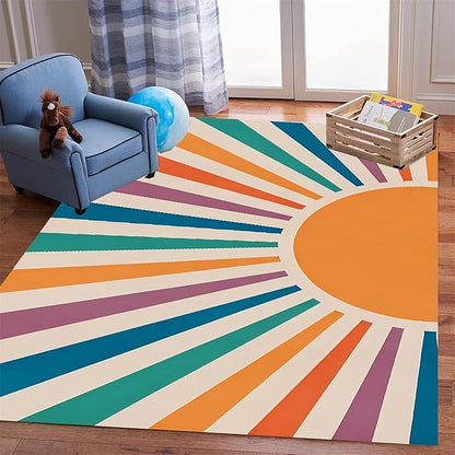 Rainbow Sun Area Rug,5x8ft,Colorful Boho Style Rug, Non-Slip Machine Washable Easy Care Carpet for Kids Girls Boys Bedroom, Living Room, Classroom, Office Decor