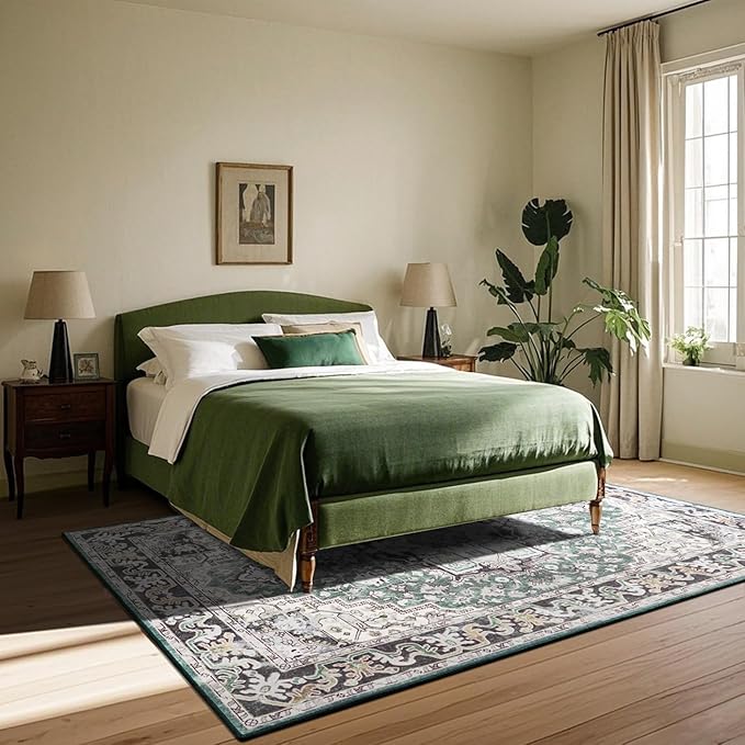 Large Area Rugs 6x9 , Washable Vintage Rugs -Low Pile, Soft Plush Rugs for Bedroom, Kitchen, Dining Room, Stain Resistance, Non Shedding & Kid & Pet Friendly, Green