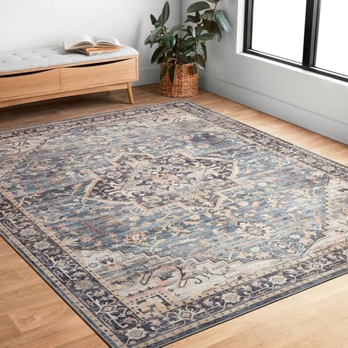 Loloi Hathaway Collection HTH-01 Navy/Multi 3'-6" x 5'-6", .25" Thick Accent Rug, Soft, Durable, Printed, Modern, Low Pile, Non-Shedding, Easy Clean, Living Room Rug