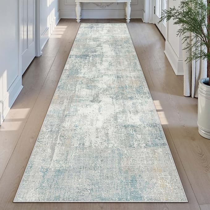 3x8 Washable Runner Rug Blue Cream Abstract Hallway Kitchen Throw Rug Neutral Modern Non Slip Soft Low Pile Lightweight Carpet for Bathroom Laundry Bedroom Living Room