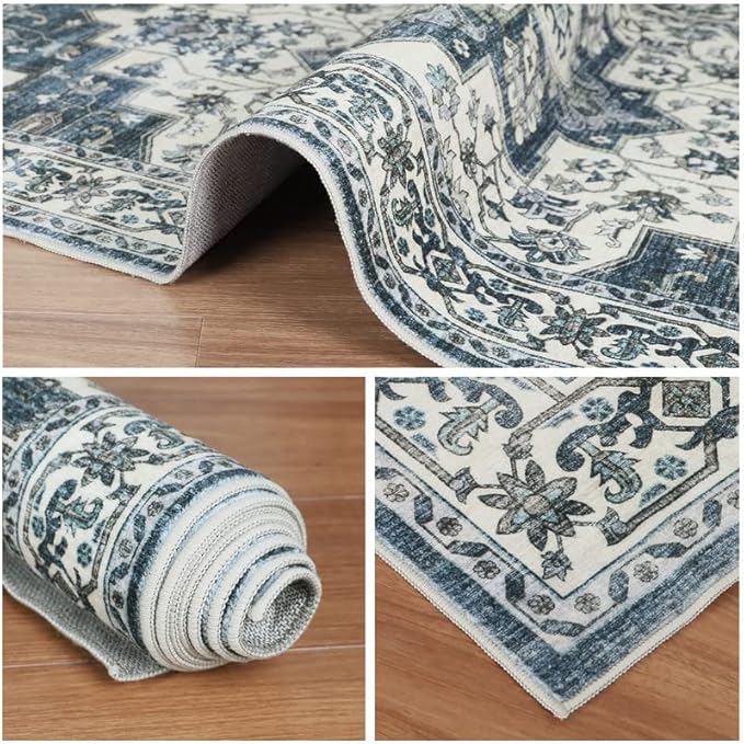Dripex Vintage Washable Area Rug - 2x4 Indoor Door Mat Oriental Medallion Accent Throw Rug Distressed Foldable Non-Slip Low-Pile Bathroom Kitchen Rug for Entryway Laundry Room Living Room Bedroom