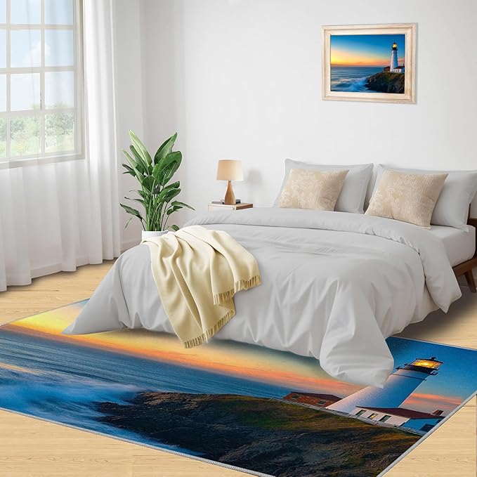 Coastal Rugs for Bedroom - 6x8 Area Rug - Ocean Lighthouse Rugs for Living Room, Sunset Ocean Scenery Rug, Non-Slip Washable Home Decor Carpet