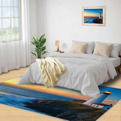 Coastal Rugs for Bedroom - 3x5 Area Rug - Ocean Lighthouse Rugs for Living Room, Sunset Ocean Scenery Rug, Non-Slip Washable Home Decor Carpet
