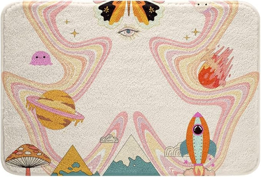 Groovy Butterfly Bath Mat for Girls Trippy Hippie Mushroom Non Slip Bath Rugs Cute Pastel Rainbow Super Cozy Bathroom Rug 16x24 Cartoon Rocket Planets Bathroom Accessories Minimalism Snow Mountain Rug