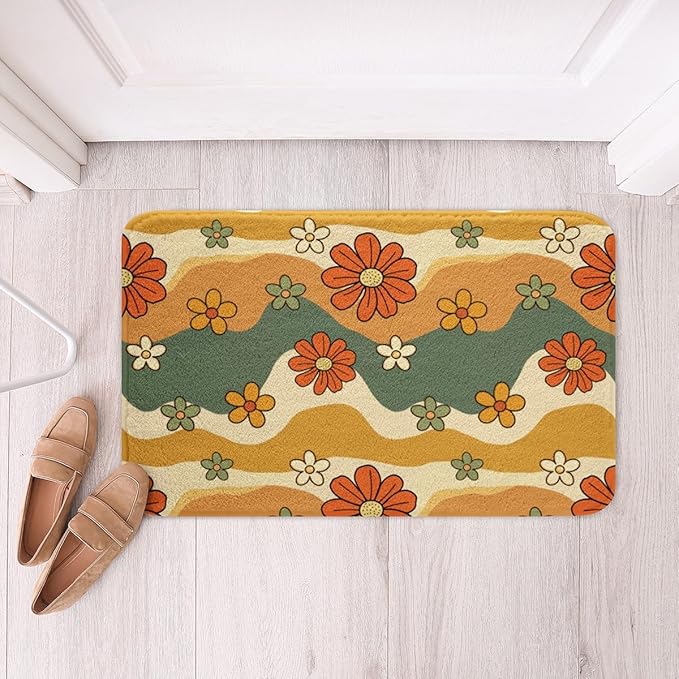 Girls Groovy Party Decorations Bath Mat for Kids Teens Boho Hippie Flower Non Slip Bath Rugs for Women Cute Rainbow Striped Super Cozy Bathroom Rug 16x24 Minimalism Abstract Art Bathroom Accessories