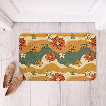 Erosebridal Girls Groovy Party Decorations Bath Rugs for Kids Teens Boho Hippie Flower Bathroom Mats for Women Cute Rainbow Striped Bath Carpets 20x32 Minimalism Abstract Art Floor Mats