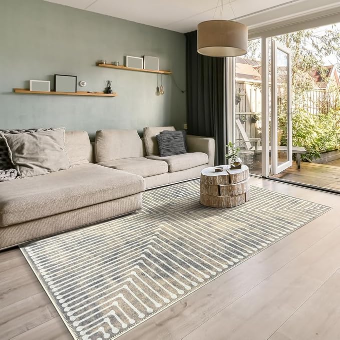 GLN Rugs Contemporary Collection - Machine Washable Area Rug, Contemporary Washable, Non Slip, Low Pile Chenille Rug, Living Room, Bedroom, Kitchen Rug (5' x 7' Lines Cream)