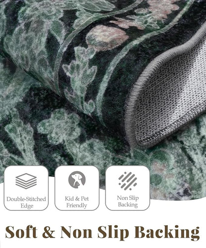 Large Moody 3x5 Rugs for Entryway Indoor, Dark Green Washable French Country Inspired Non Slip Area Rug for Dorm, Kitchen, Bedroom Bedside, Foyer, Laundry Room - Boho Distressed Floral Front Door Mat