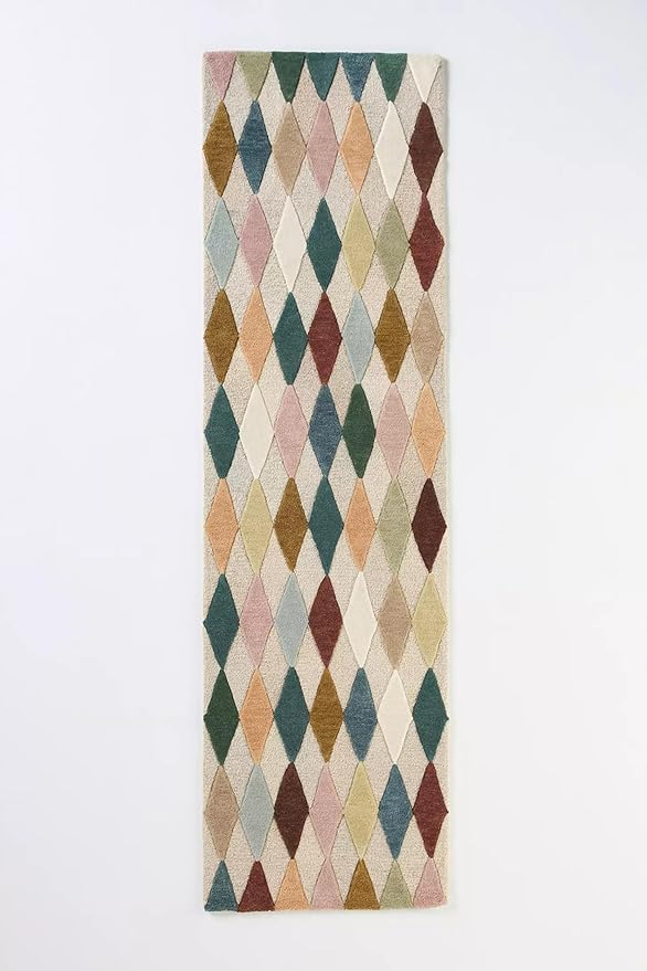 Hand-Tufted Wool Rug with Multicolor Diamond Pattern (7x11 Ft) - Modern Geometric Accent Rug for Living Room, Bedroom, or Office, Ivory Base