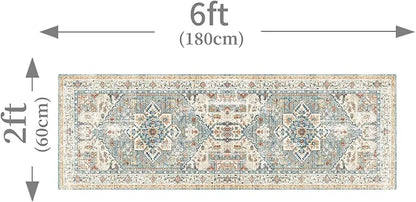 Enkor Runner Rugs for Hallway, 2x6 Washable Soft Boho Non Slip Floor Rugs for Kitchen, Modern Mat for Living Room Bedroom Entryway Beige & Green