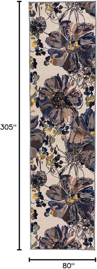 Rugshop Cream Bright Flowers Non Slip Non-Shedding Runner Rug for Hallway, Entryway and Kitchen, 2'7" x 10'