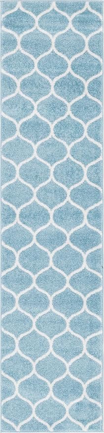 Rugs.com Lattice Frieze Collection Rug – 2' x 8' 8 Runner Light Blue Medium Rug Perfect for Living Rooms, Large Dining Rooms, Open Floorplans