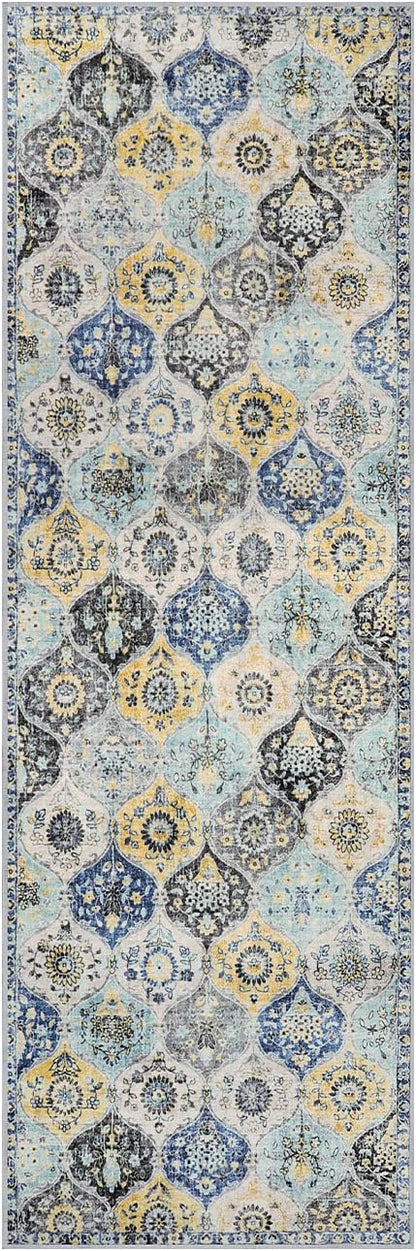 Lahome Moroccan Washable Hallway Runner Rug, 2'5''x8' Ultra-Thin Carpet Runners for Hallways Kitchen, Oriental Vintage Non-Slip Laundry Room Rug for Entryway Bedroom Bathroom, Yellow/Aqua