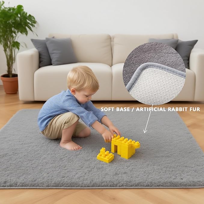 Solid Color Rabbit Fur Carpet, Ultra-Soft and Cozy, Perfect for Bedroom, Living Room Decor and Comfort (Gray, 4' x 6')