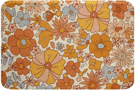 Erosebridal Hippie Flower Bath Mat Groovy Birthday Decorations Non Slip Bath Rugs Cute Rainbow Floral Super Cozy Bathroom Rug 16x24 for Girls Women Bedroom Decor Retro 70s Theme Bathroom Accessories