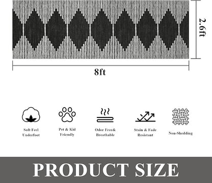 HelloTree Hallway Runner Rug，2.6x8 Moroccan Modern Stripe Carpet Washable Machine Bathroom Runner Bohemian Design Modern Soft Non Slip Indoor Rug for Entryway Hallway Laundry Room Bedroom-Black