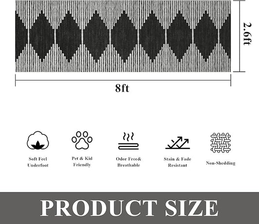 HelloTree Hallway Runner Rug，2.6x8 Moroccan Modern Stripe Carpet Washable Machine Bathroom Runner Bohemian Design Modern Soft Non Slip Indoor Rug for Entryway Hallway Laundry Room Bedroom-Black