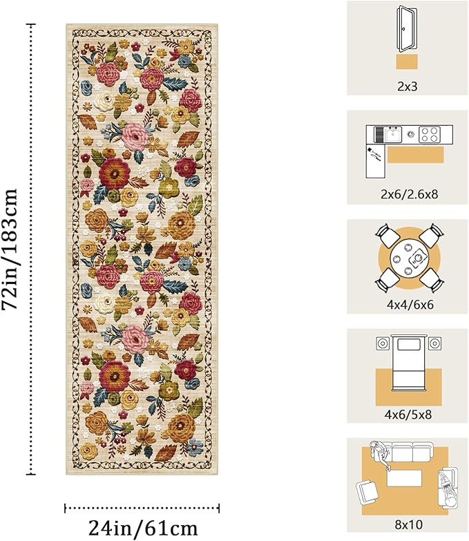 2x6 Machine Washable Runner Rug, Kitchen Hallway Area Rug Beige Vintage Boho Floral Ultra Non-Slip Low Pile Soft Faux Wool Carpet, Kids and Pets Friendly for Bedroom Entryway Nursery Home Decor Rug