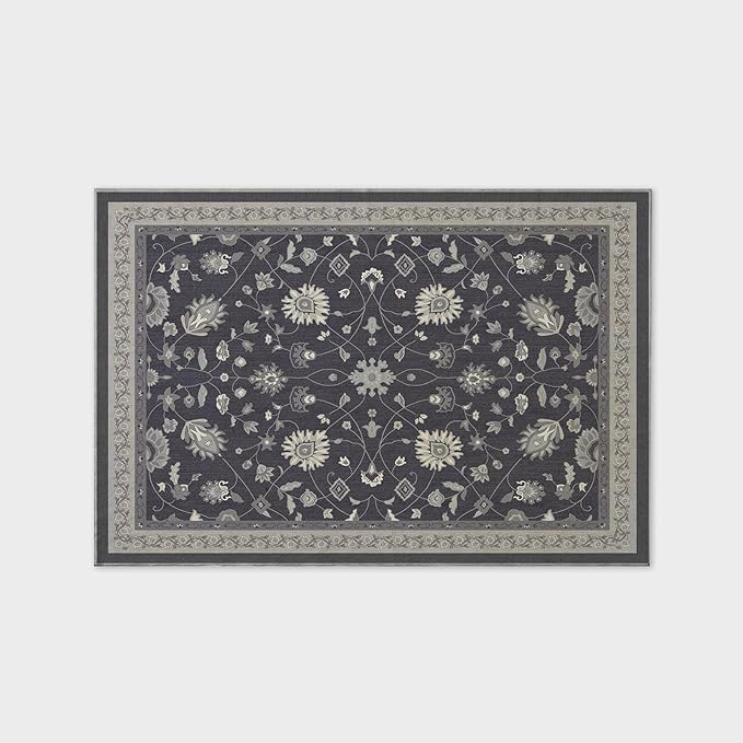 EVERGRACE Area Rugs for Living Room 4x6, Boho Floral Faux Wool Indoor Outdoor Rugs, Washable Rugs for Bedroom Entryway Dining Room Hallyway, Low Pile Floor Mat Carpet for Home Decor, Ebony Black