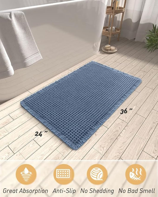 AMOAMI Upgraded Waffle Bath Mat, Super Absorbent Non Slip Bath Mats for Bathroom Floor, Machine Washable Bathroom Rugs with Tassels, Rubber Backed Bathroom Mats, Ultra Soft, 24" x 36", Blue