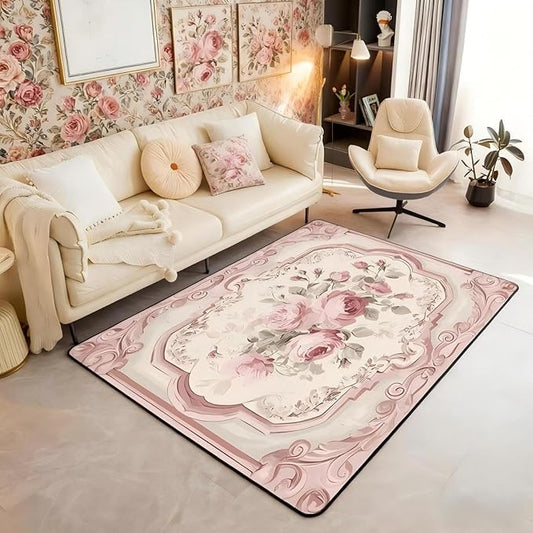 French Country Floral 3x5 Area Rug Pink Rose Rugs for Living Room | Romantic Flowers Washable Rug, Rustic Carpet Indoor Floor Mat