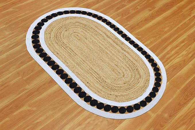 Flatweave Runner 4x20 Oval Kilim Jute Runner Hand Braided Jute Thick 0.27" Solid Pattern Black Beige Natural Oval Handmade Boho Indoor Outdoor Rugs for Hallway Enterway Stair Corridor