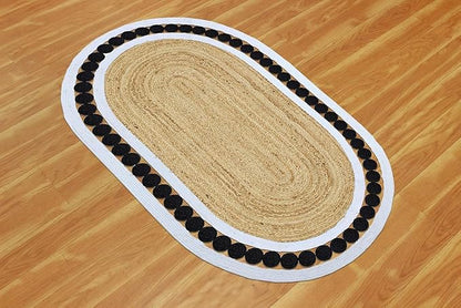 Flatweave Runner 4x15 Oval Kilim Jute Runner Hand Braided Jute Thick 0.27" Solid Pattern Black Beige Natural Oval Handmade Boho Indoor Outdoor Rugs for Hallway Enterway Corridor