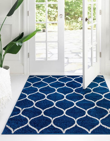 Rugs.com Lattice Frieze Collection Rug – 8' Square Navy Blue Medium Rug Perfect for Living Rooms, Kitchens, Entryways