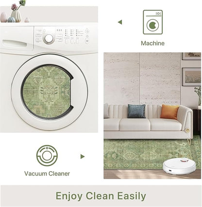 Bavni 2x3 Entryway Rug Bathroom Rugs for Front Door Bedroom Bathroom Kitchen, Washable Vintage Print Carpet, Ultra-Thin Chenille Lightweight Rug with Non Slip Backing, Light Green